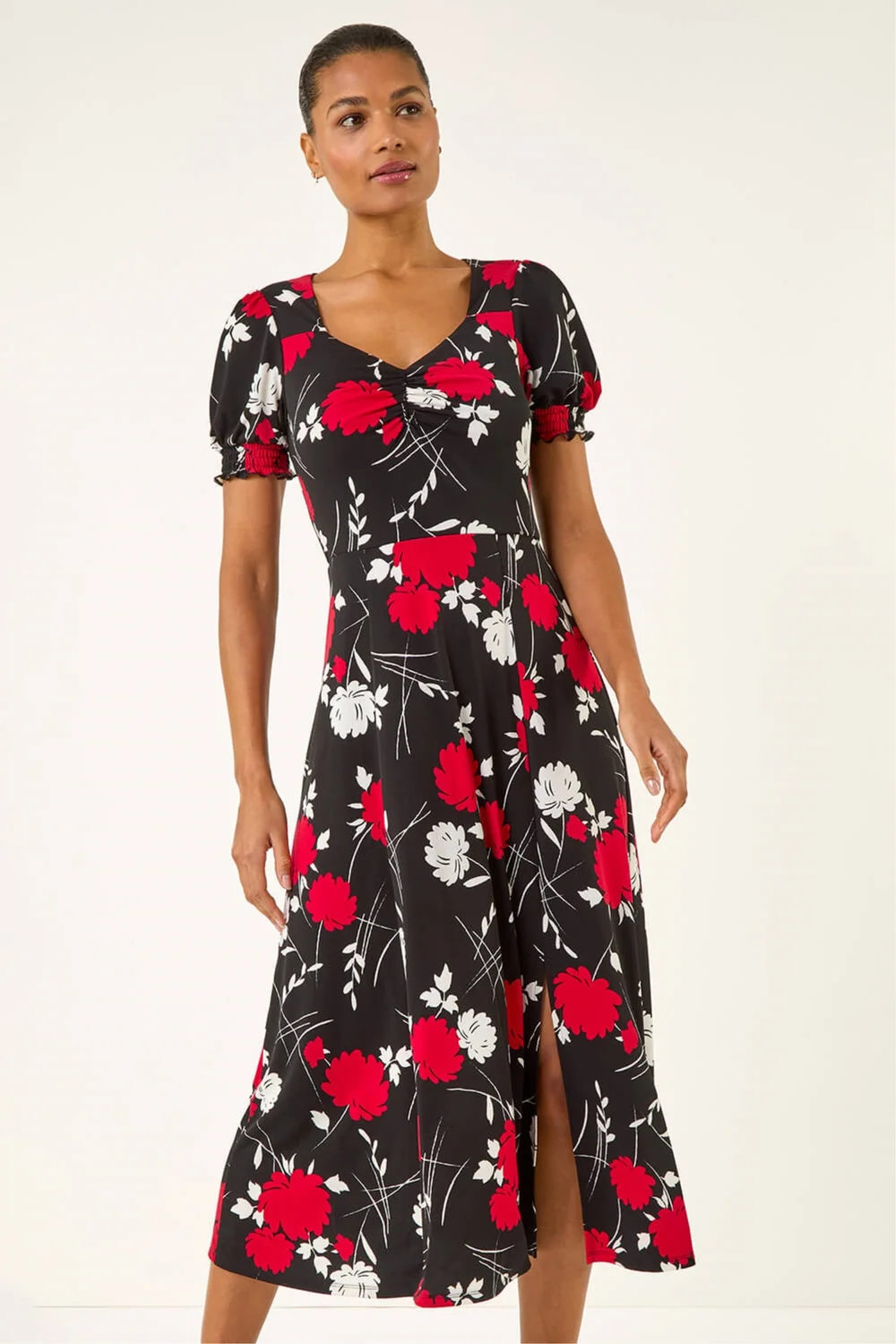 Roman Red Floral Print Ruched Midi Dress - 10 Roman Red Floral Print Ruched Midi Dress - 10