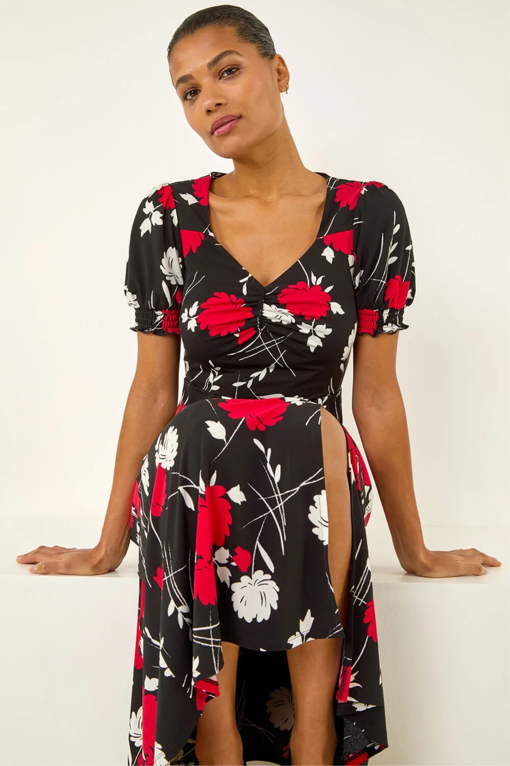 Roman Red Floral Print Ruched Midi Dress - 10 Roman Red Floral Print Ruched Midi Dress - 10