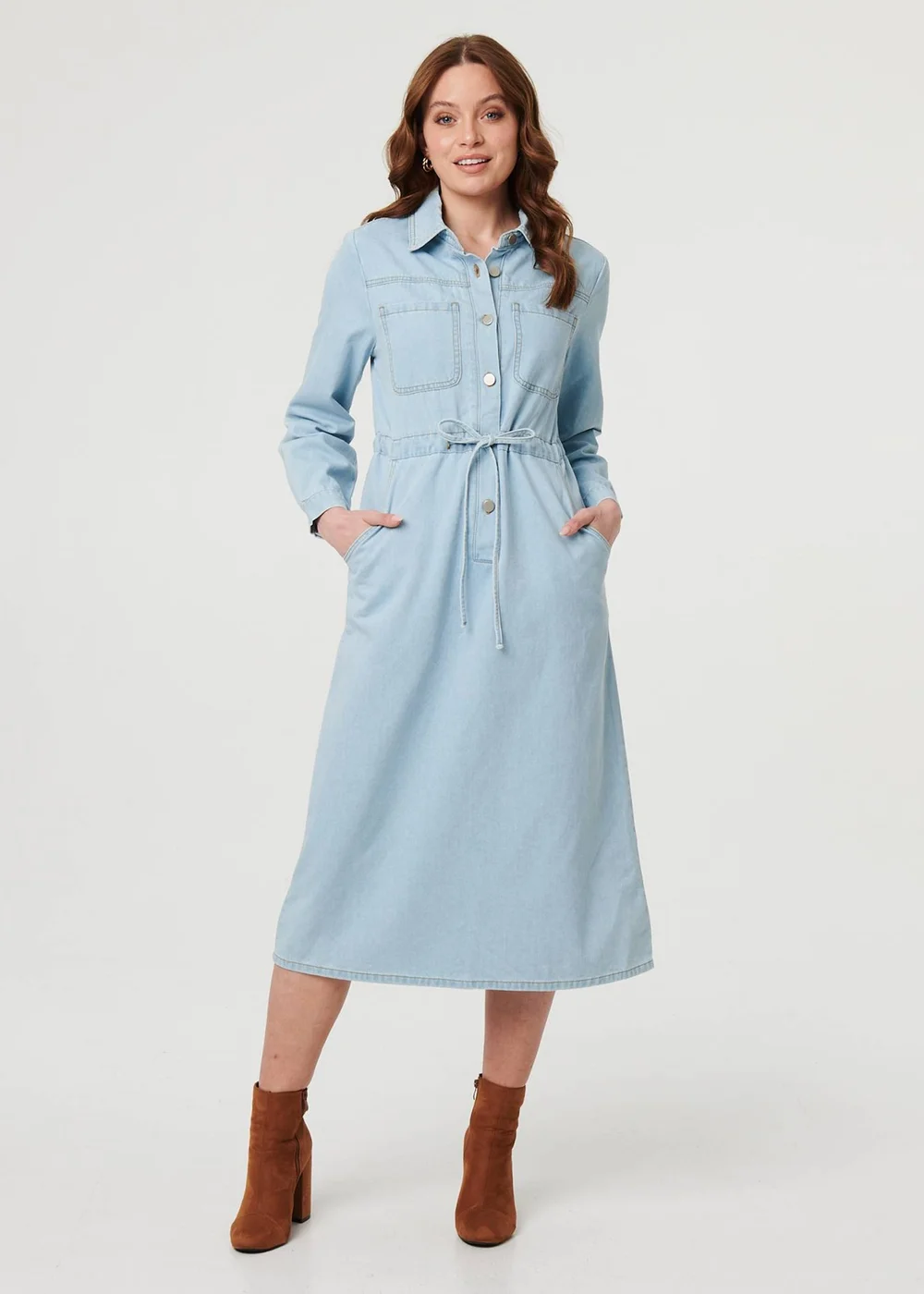 Izabel London Blue Denim Tie Waist Long Sleeve Midi Dress - 16 | Matalan Izabel London Blue Denim Tie Waist Long Sleeve Midi Dress - 16 | Matalan