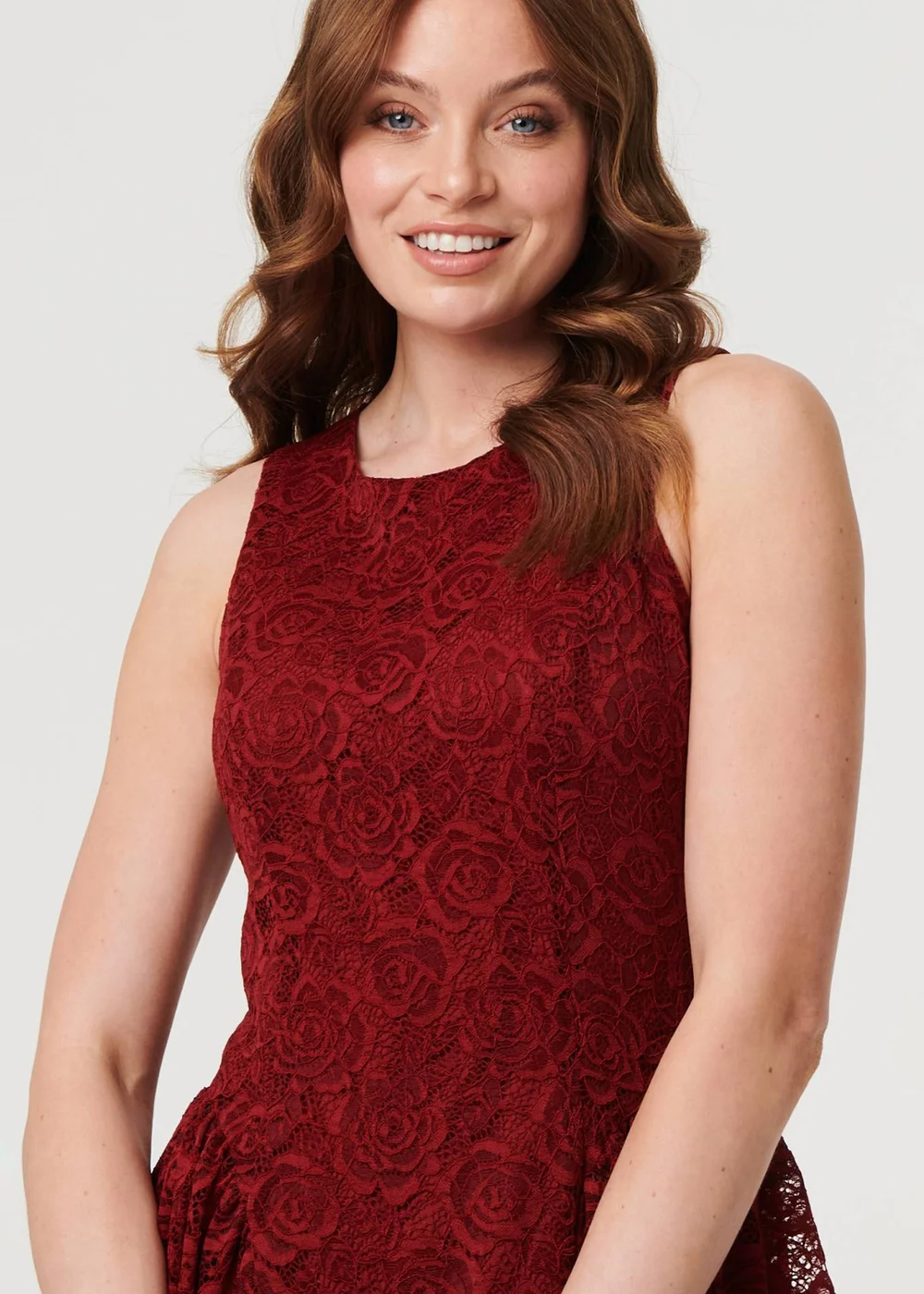 Izabel London Burgundy Lace Layer Sleeveless Short Skater Dress - 16 | Matalan Izabel London Burgundy Lace Layer Sleeveless Short Skater Dress - 16 | Matalan