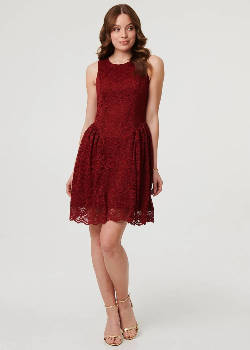 Izabel London Burgundy Lace Layer Sleeveless Short Skater Dress - 16 | Matalan Izabel London Burgundy Lace Layer Sleeveless Short Skater Dress - 16 | Matalan