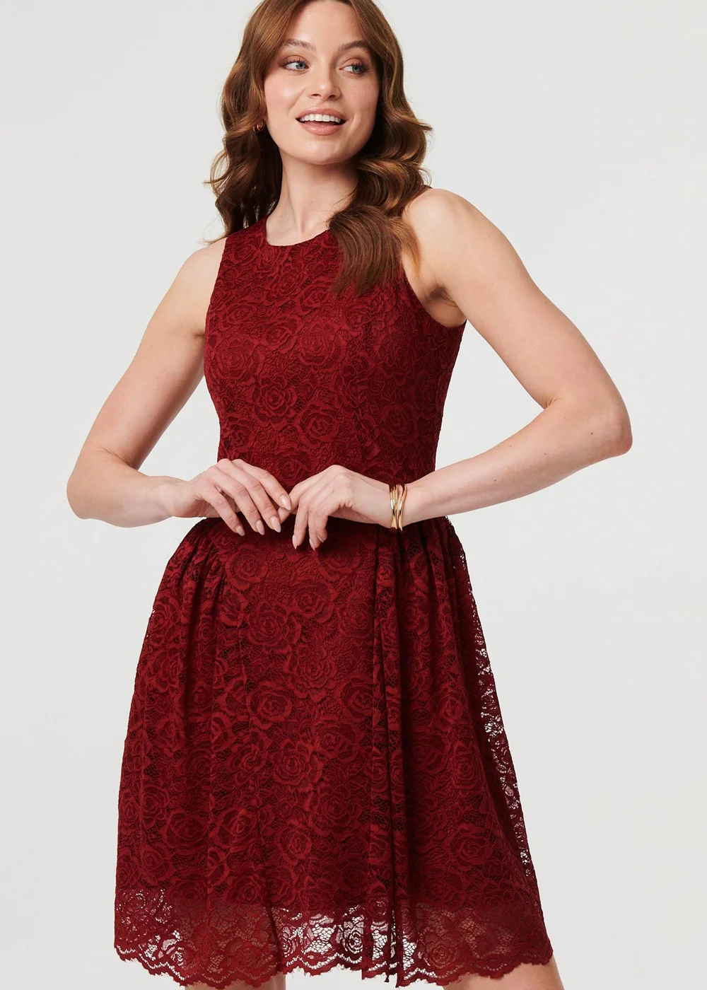 Izabel London Burgundy Lace Layer Sleeveless Short Skater Dress - 16 | Matalan Izabel London Burgundy Lace Layer Sleeveless Short Skater Dress - 16 | Matalan
