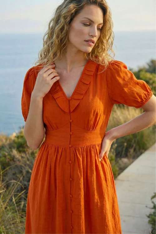 Roman Orange Textured Frill Midi Dress - 10 Image 2