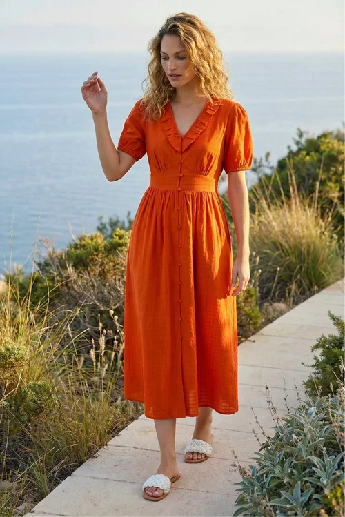 Roman Orange Textured Frill Midi Dress - 10 Image 1