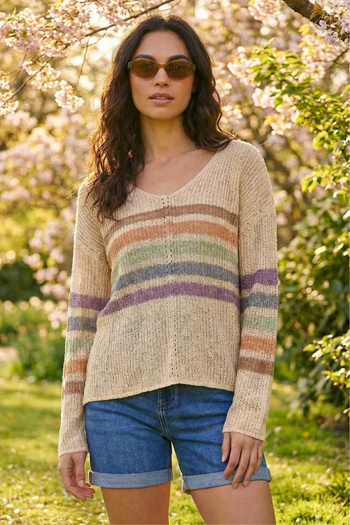 Roman Beige Stripe V-Neck Knit Jumper - 20 Image 2