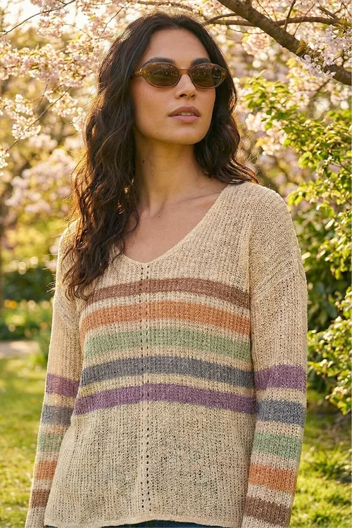 Roman Beige Stripe V-Neck Knit Jumper - 20 Image 4