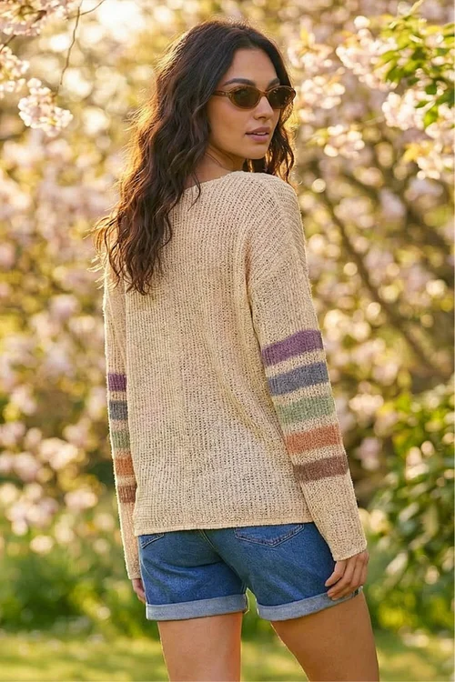 Roman Beige Stripe V-Neck Knit Jumper - 20 Image 3