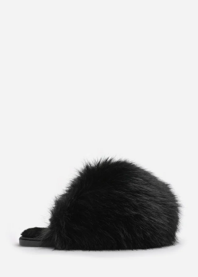 Where's That From Inez Ultimate Fluffy Black Fur Mule Slippers