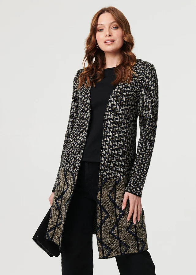Izabel London Navy Geo Print Longline Open Front Jacket