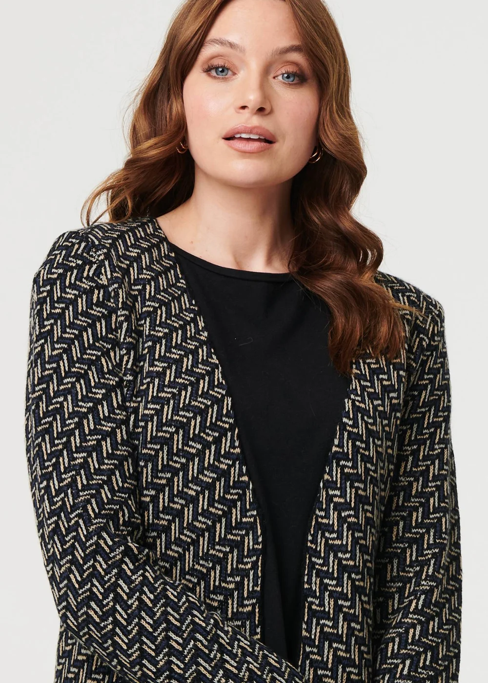 Izabel London Navy Geo Print Longline Open Front Jacket - S Image 3