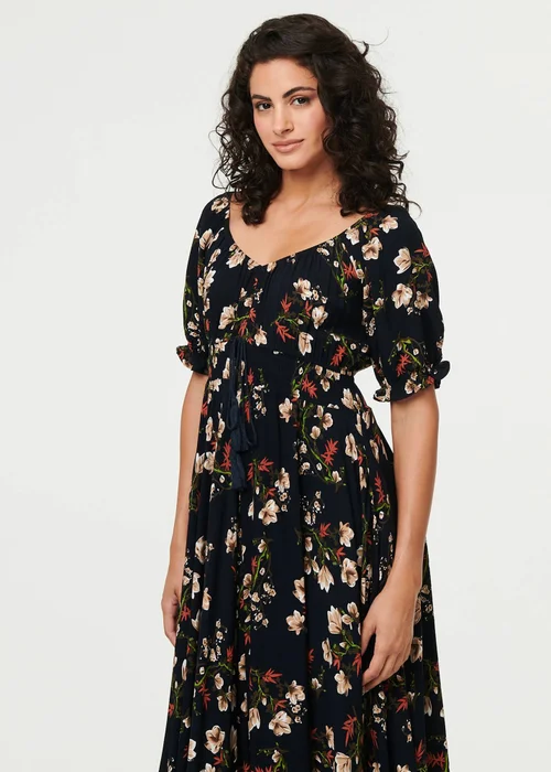 Izabel London Navy Floral Bardot Shirred Empire Maxi Dress - 12 Image 4