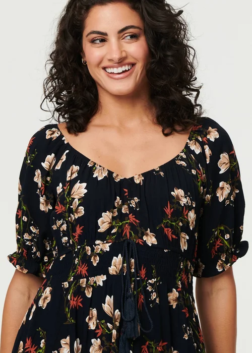 Izabel London Navy Floral Bardot Shirred Empire Maxi Dress - 12 Image 3