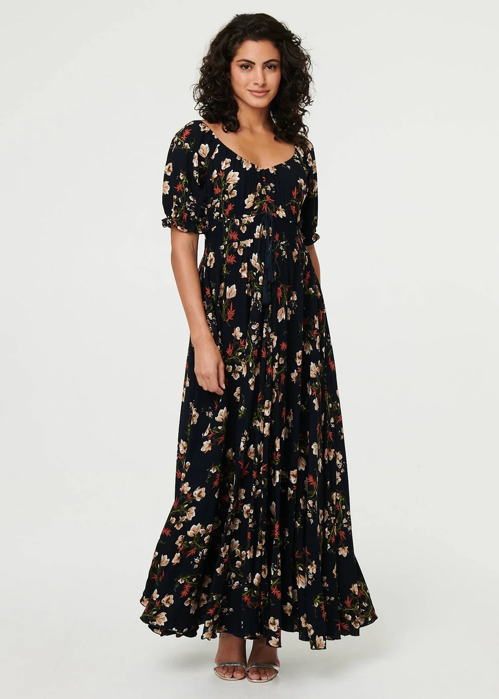 Izabel London Navy Floral Bardot Shirred Empire Maxi Dress - 12 Image 1