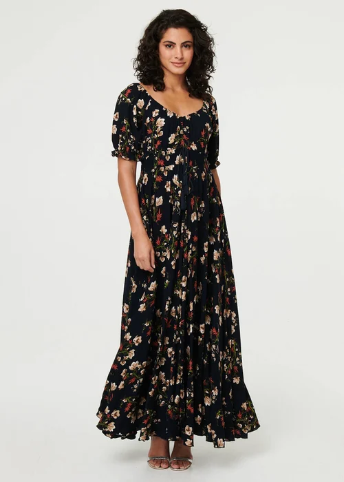 Izabel London Navy Floral Bardot Shirred Empire Maxi Dress - 12 Image 1
