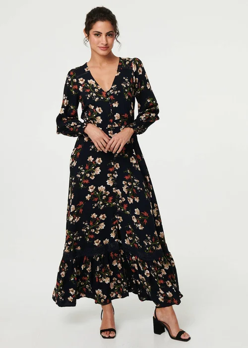 Izabel London Navy Floral Long Sleeve Lace Trim Maxi Dress - 8 Image 4