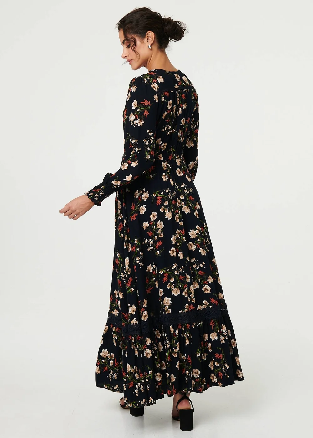 Izabel London Navy Floral Long Sleeve Lace Trim Maxi Dress - 8 Image 2