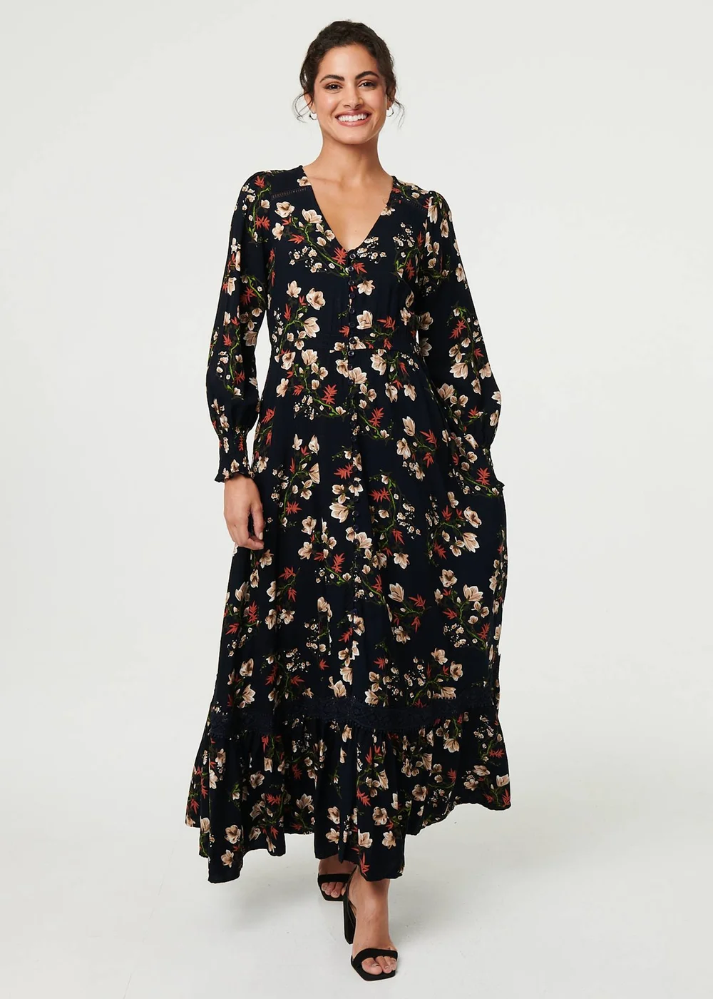 Izabel London Navy Floral Long Sleeve Lace Trim Maxi Dress - 8 Image 1