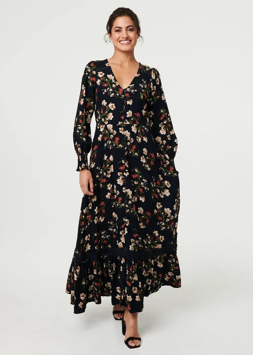Izabel London Navy Floral Long Sleeve Lace Trim Maxi Dress - 8 Image 1