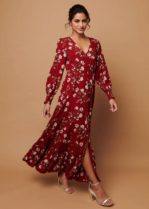 Izabel London Red Floral Long Sleeve Lace Trim Maxi Dress - 16 Image 2