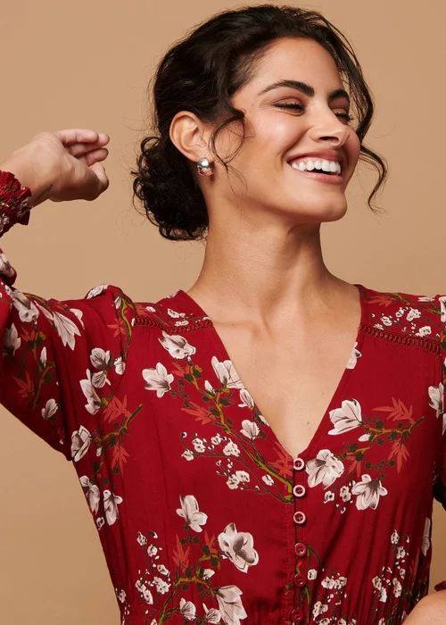 Izabel London Red Floral Long Sleeve Lace Trim Maxi Dress - 16 Image 5