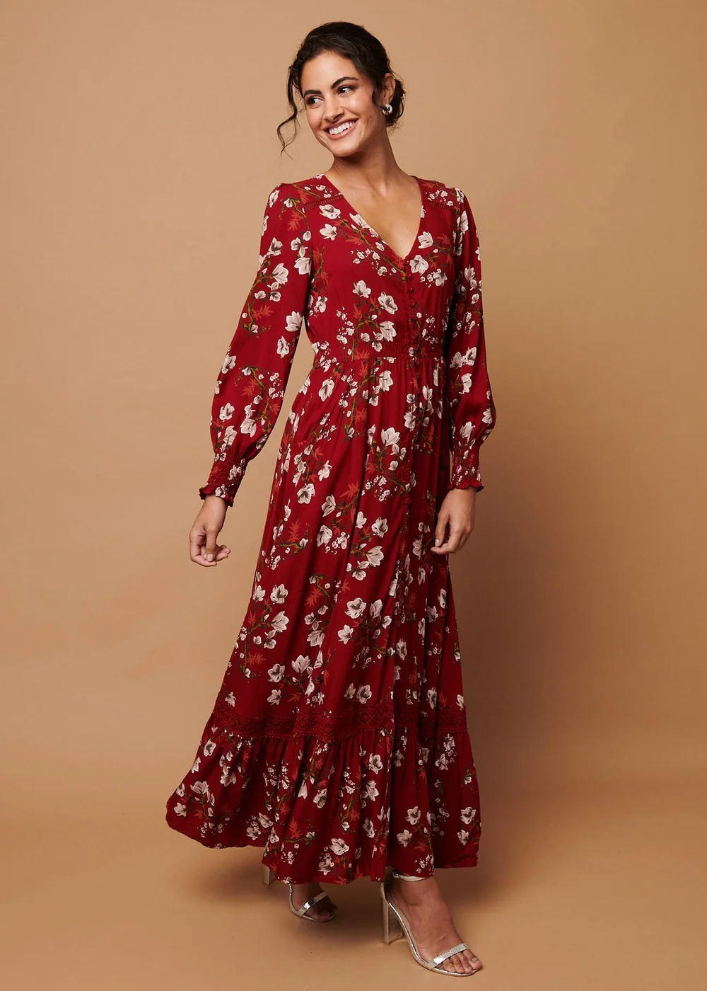 Izabel London Red Floral Long Sleeve Lace Trim Maxi Dress - 16 Image 1