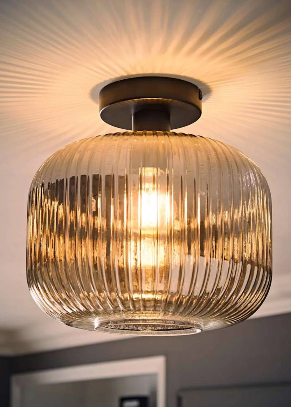 ValueLights Calpe Black Ceiling Light Ribbed Smoked Glass Shade - One Size Image 1