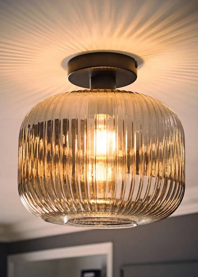ValueLights Calpe Black Ceiling Light Ribbed Smoked Glass Shade