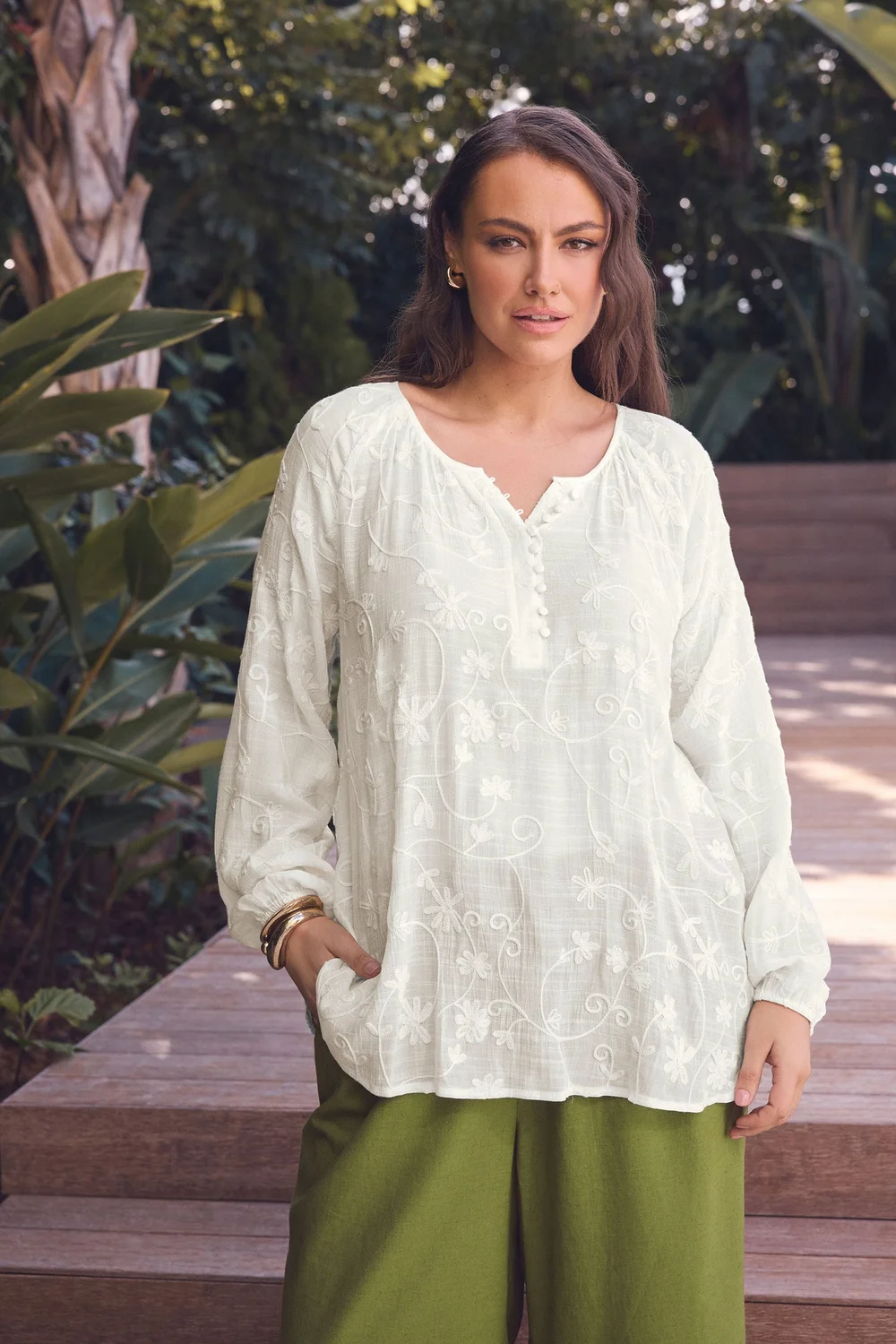 Evans Curve Ivory White Floral Embroidered Blouse - 16 Image 1