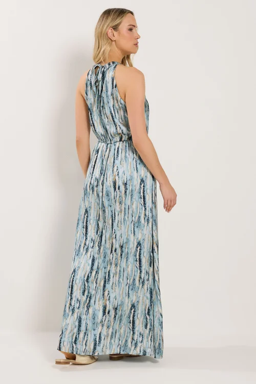 Long Tall Sally Blue Abstract Satin Halter Neck Dress - 8 Image 4