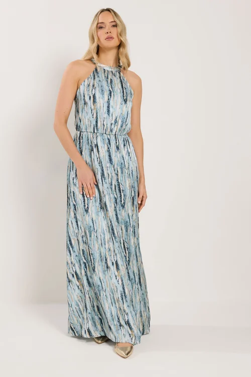 Long Tall Sally Blue Abstract Satin Halter Neck Dress - 8 Image 2