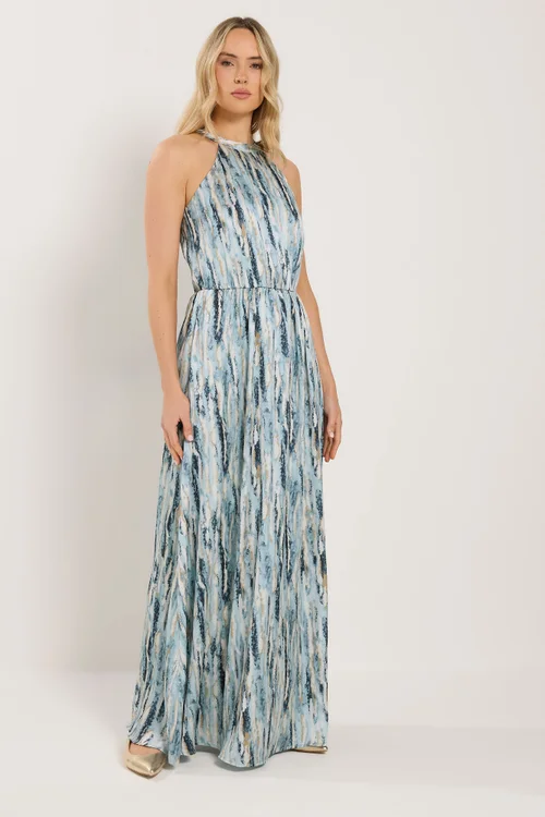 Long Tall Sally Blue Abstract Satin Halter Neck Dress - 8 Image 3