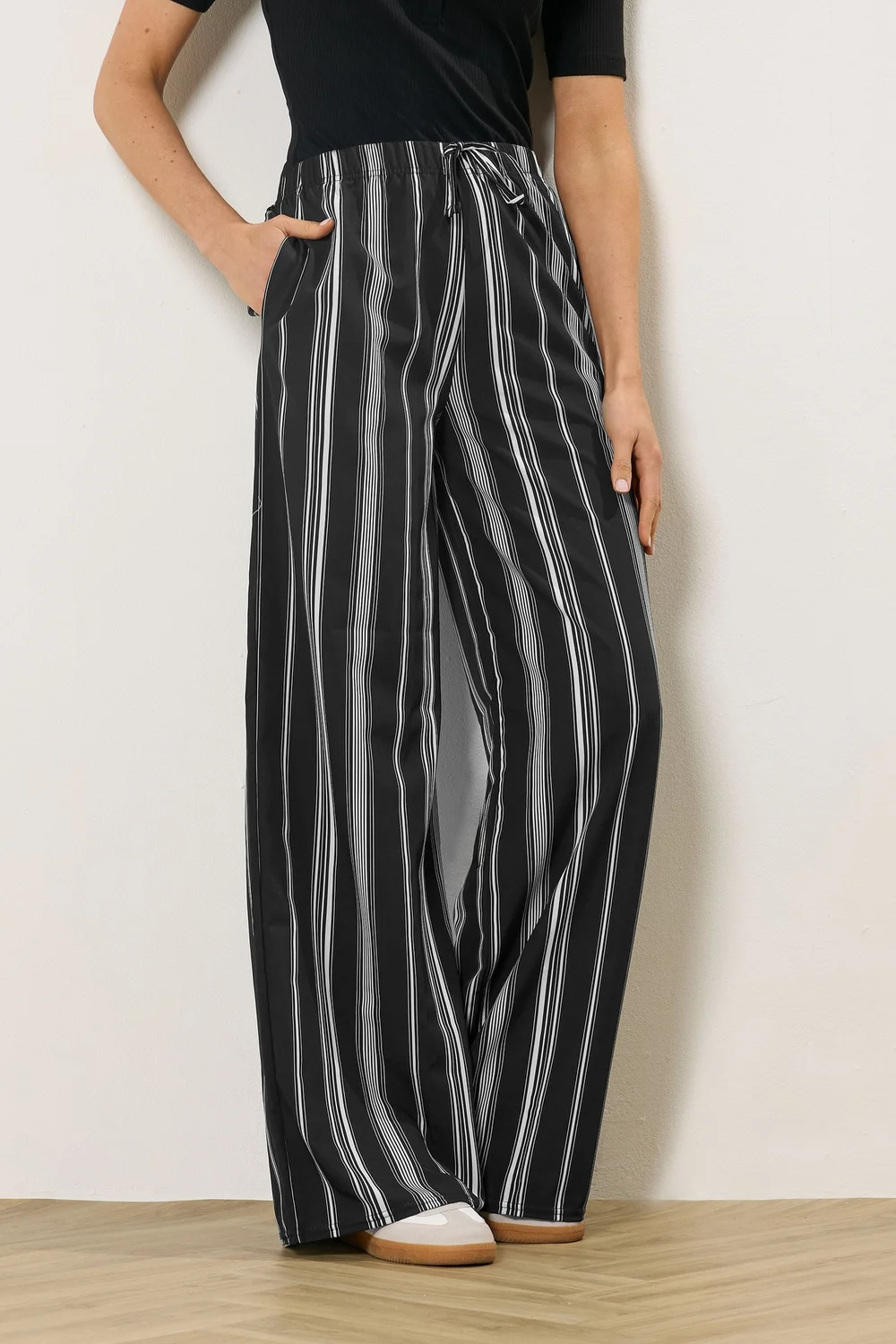 Long Tall Sally Black Stripe Wide Leg Trousers - 22/L36 Image 2