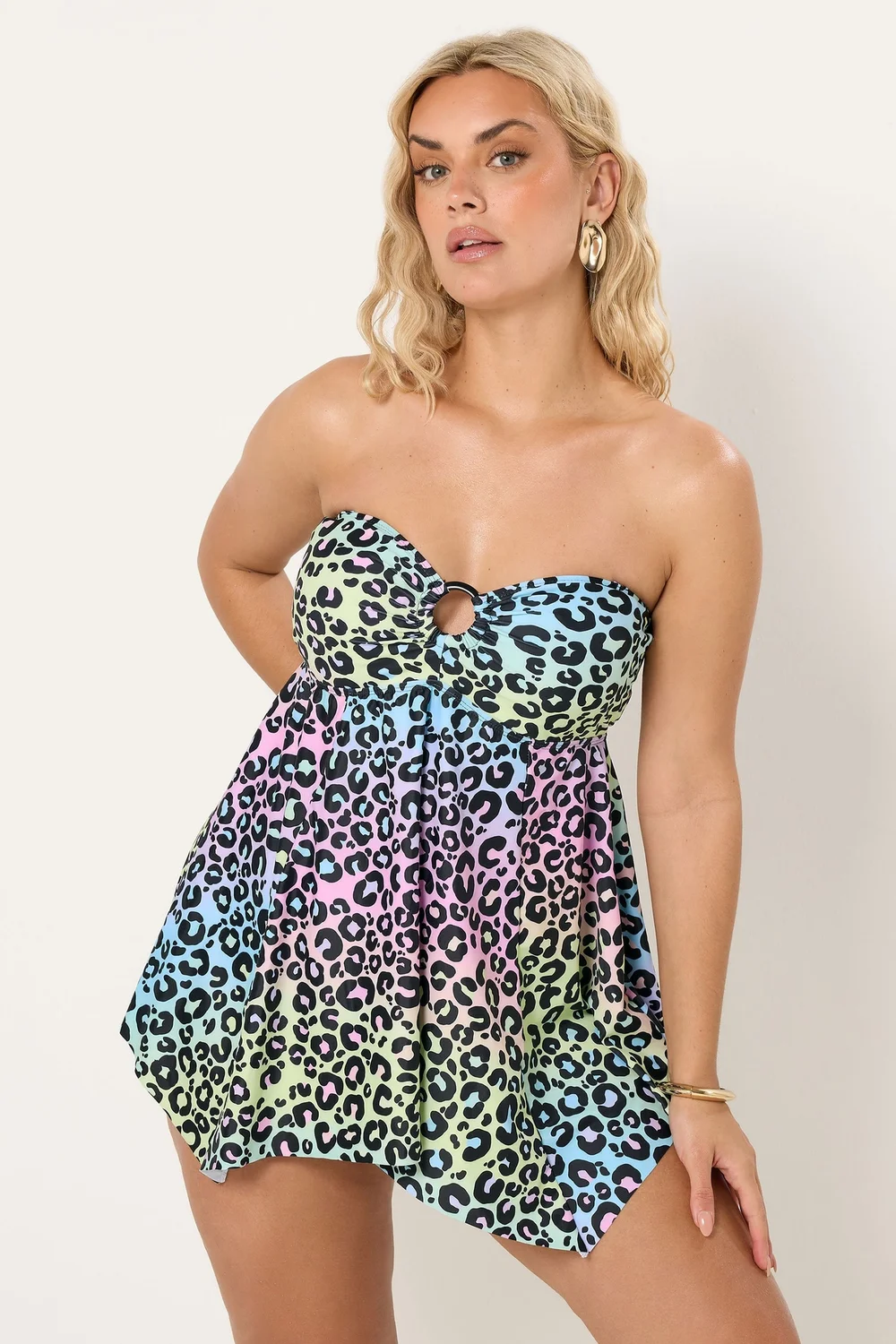 Yours Curve Pink Leopard Print Bandeau Tankini Top - 30-32 Image 3