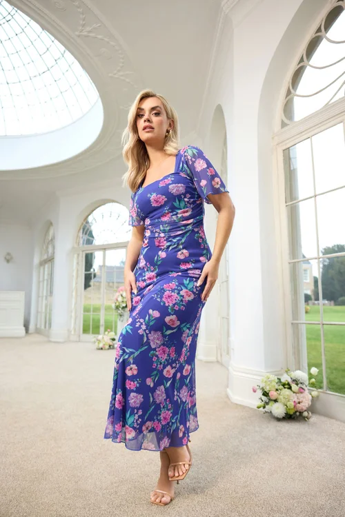 Yours London Curve Blue Floral Square Neck Maxi Dress - 26-28 Image 1