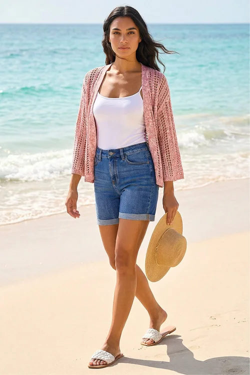 Roman Light Pink Spacedye Open Knitted Cardigan - 16 Image 2
