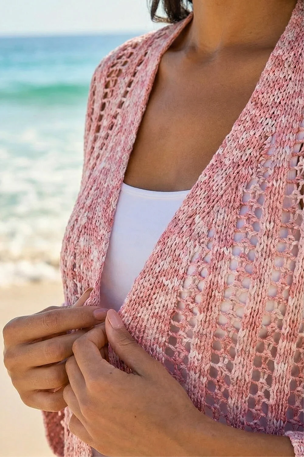 Roman Light Pink Spacedye Open Knitted Cardigan - 16 Image 4