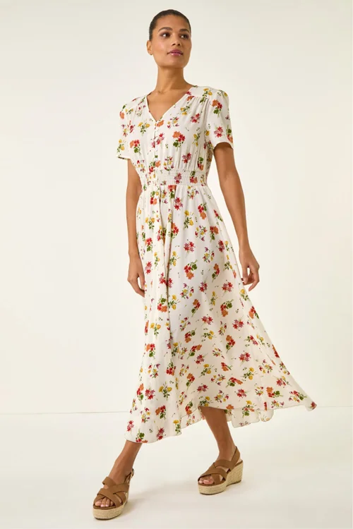 Roman Ivory Floral Print Buttoned Midi Dress - 10 Image 1