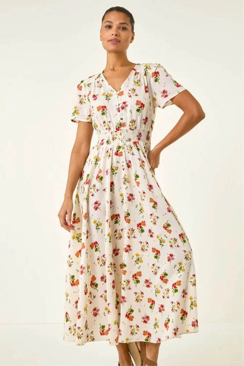 Roman Ivory Floral Print Buttoned Midi Dress - 10 Image 4