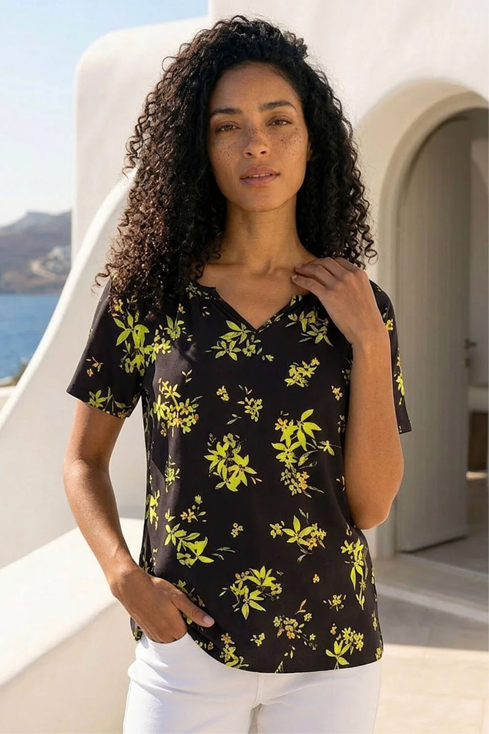 Roman Green Floral Print Gathered Stretch Top - 18 Image 2