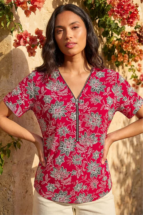 Roman Red Floral Print Zip Detail Top - 14 Image 1