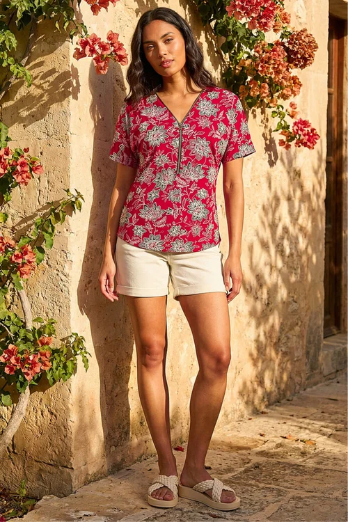 Roman Red Floral Print Zip Detail Top - 14 Image 2