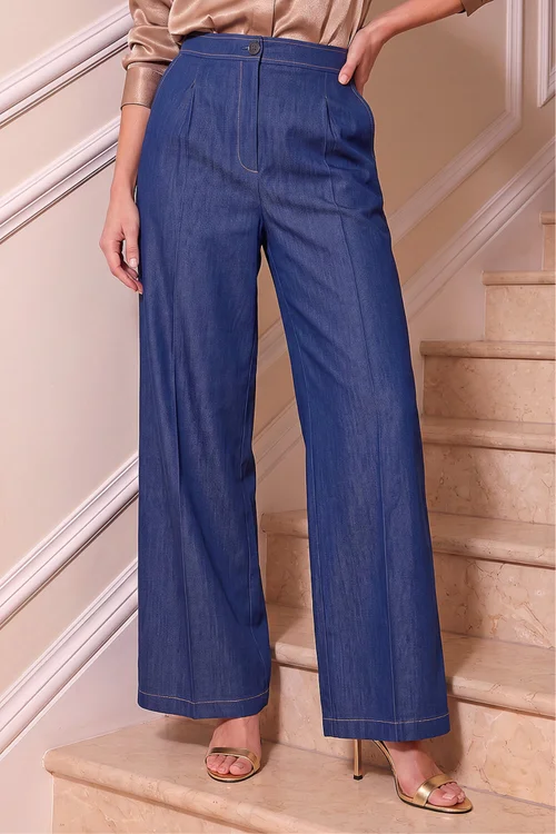 Roman Indigo Denim Contrast Stitch Wide Leg Trouser - 16 Image 1