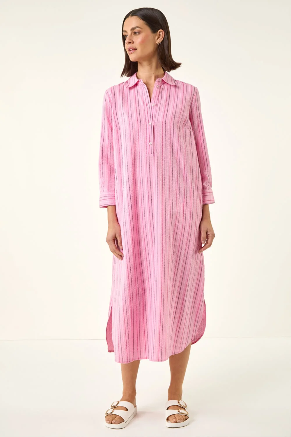 Roman Pink Textured Stripe Shirt Dress - 16 Image 1