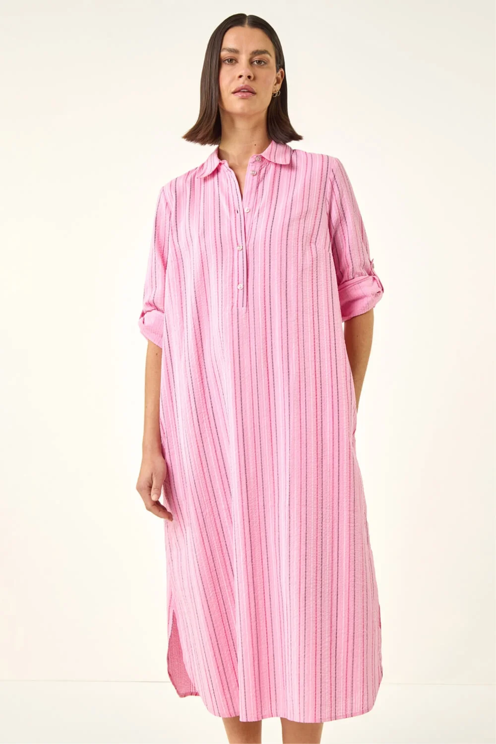 Roman Pink Textured Stripe Shirt Dress - 16 Image 2