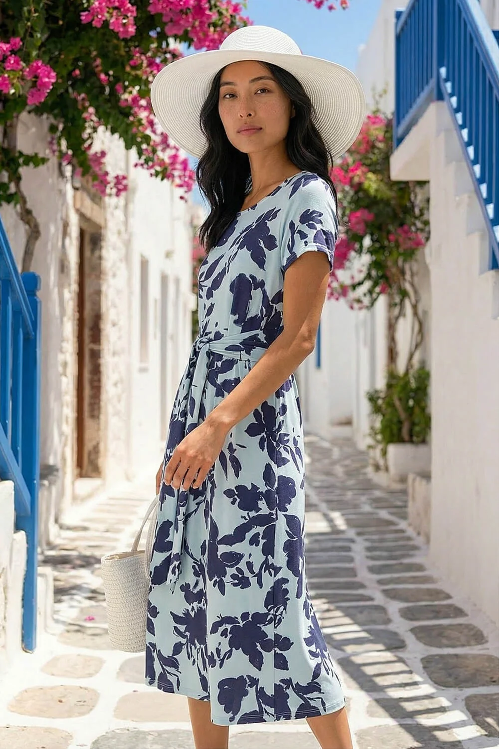 Roman Blue Petite Floral Tie Front Stretch Midi Dress - 18 Roman Blue Petite Floral Tie Front Stretch Midi Dress - 18