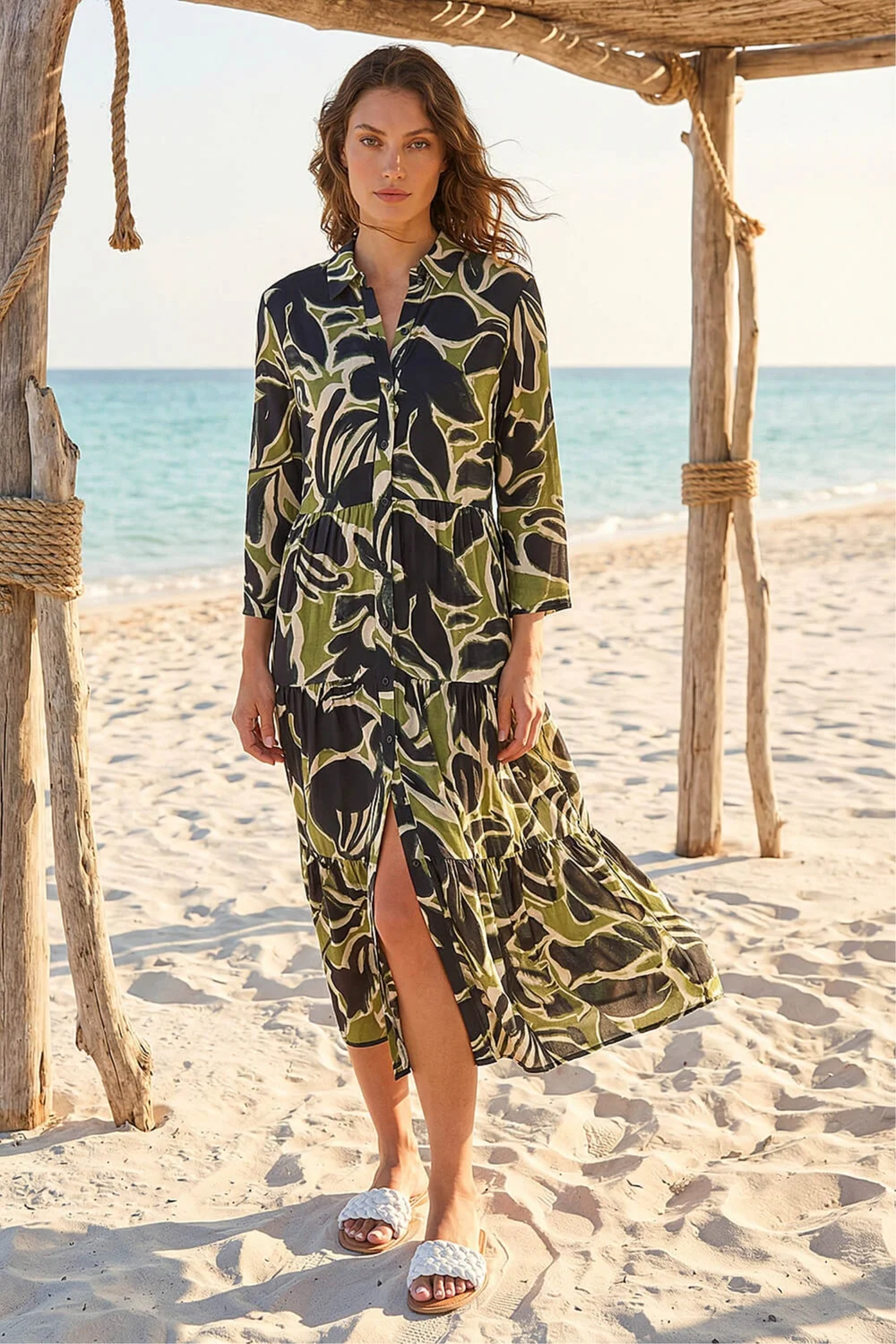 khaki tiered midi dress Khaki Shirred Bandeau Tiered Eva Midi Dress