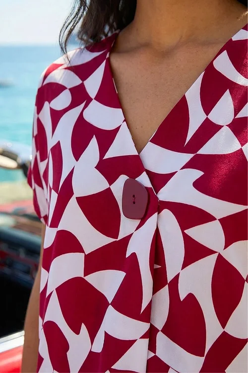 Roman Red Abstract Print V-Neck Stretch Top - 14 Image 4
