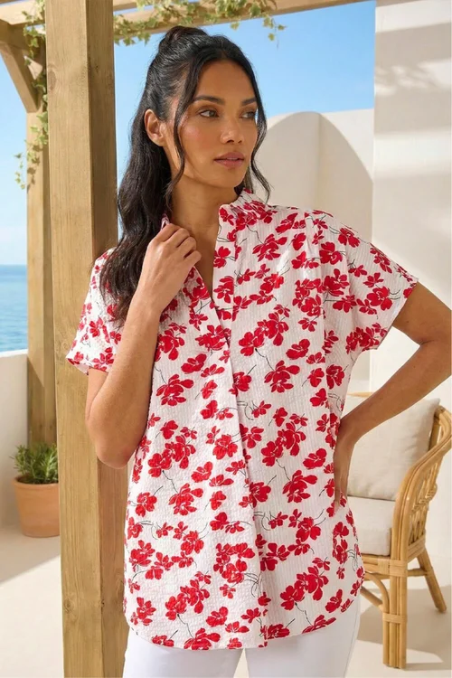 Roman Red Floral Print Pleat Neck Top - 18 Image 1