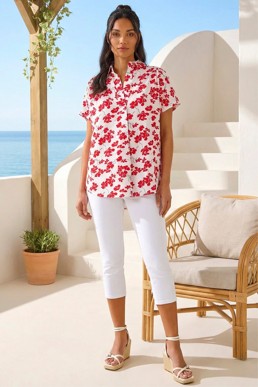 Roman Red Floral Print Pleat Neck Top - 18 Image 3