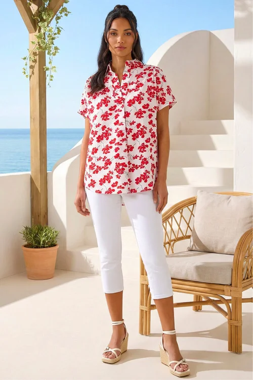 Roman Red Floral Print Pleat Neck Top - 18 Image 3